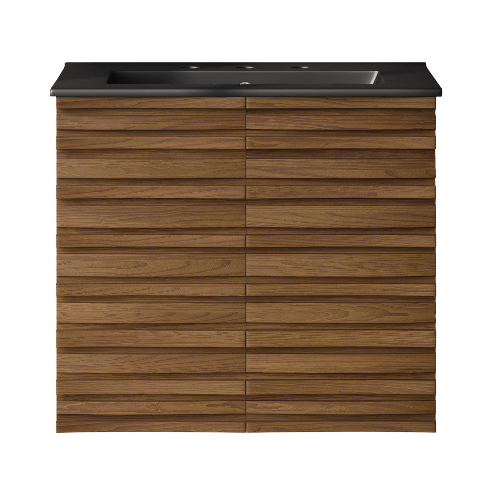 Cascade 24" Wall-Mounted Bathroom Vanity in Brown Oak with Black 3-Hole Widespread Sink Top