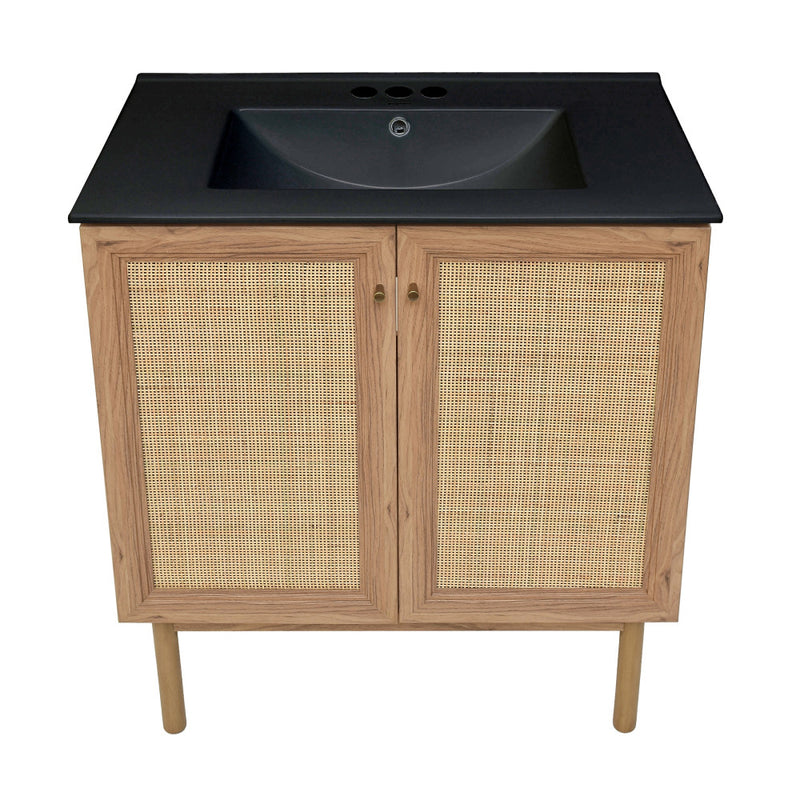 Classe 30" Freestanding Bathroom Vanity in Golden Oak with Black 3-Hole Widespread Sink Top
