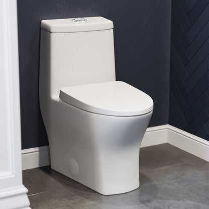Round one-piece compact toilet in glossy white with dual top flush buttons.