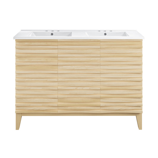 Cascade 48 in. Natural Oak, Double Basin Bathroom Vanity With White, 3-Hole Centerset Ceramic Sink Top