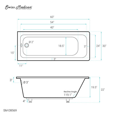 Voltaire 60" x 30" Reversible Drain Drop-In Bathtub