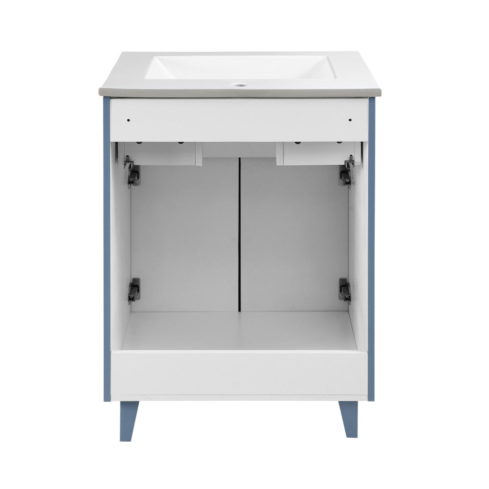 24-inch freestanding bathroom vanity in blue heather, single sink with white top, soft-close doors.