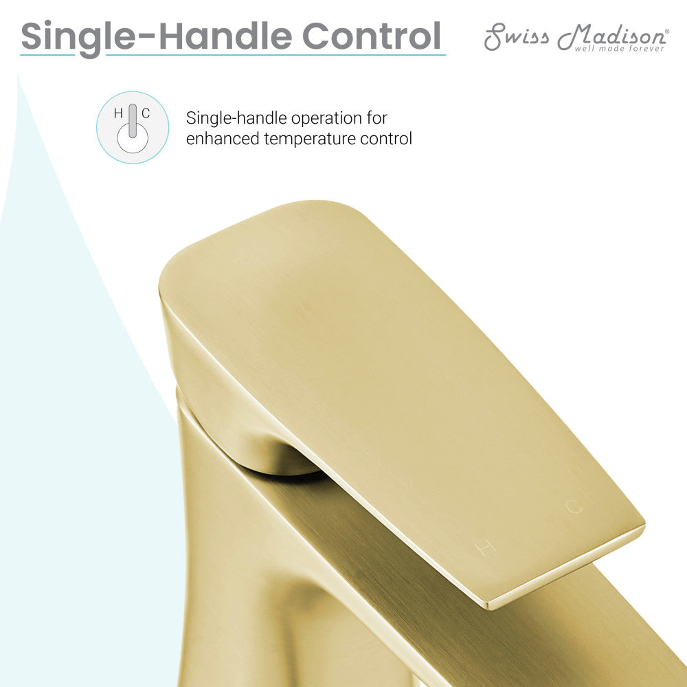 Single-handle bathroom faucet in brushed gold with sleek, modern lever handle design.