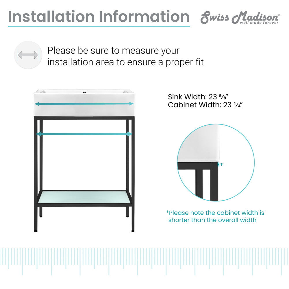 24-inch freestanding bathroom vanity with matte black metal frame and open shelf design.