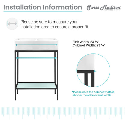 24-inch freestanding bathroom vanity with matte black metal frame and open shelf design.