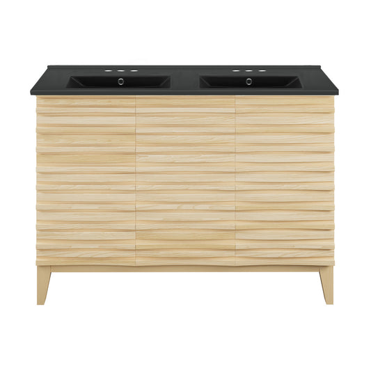 Cascade 48 in. Natural Oak, Double Basin Bathroom Vanity With Black, 3-Hole Centerset Ceramic Sink Top