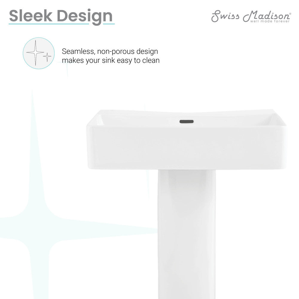 White two-piece pedestal sink, sleek rectangular basin, seamless non-porous design.