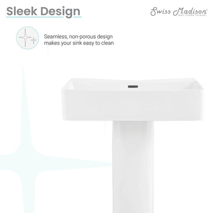 White two-piece pedestal sink, sleek rectangular basin, seamless non-porous design.