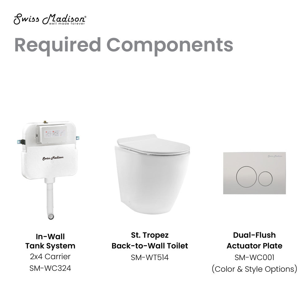 Elongated back-to-wall toilet bowl with soft-close seat and dual-flush actuator plate.