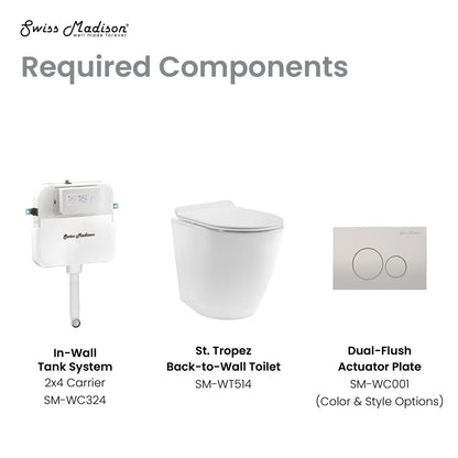 Elongated back-to-wall toilet bowl with soft-close seat and dual-flush actuator plate.
