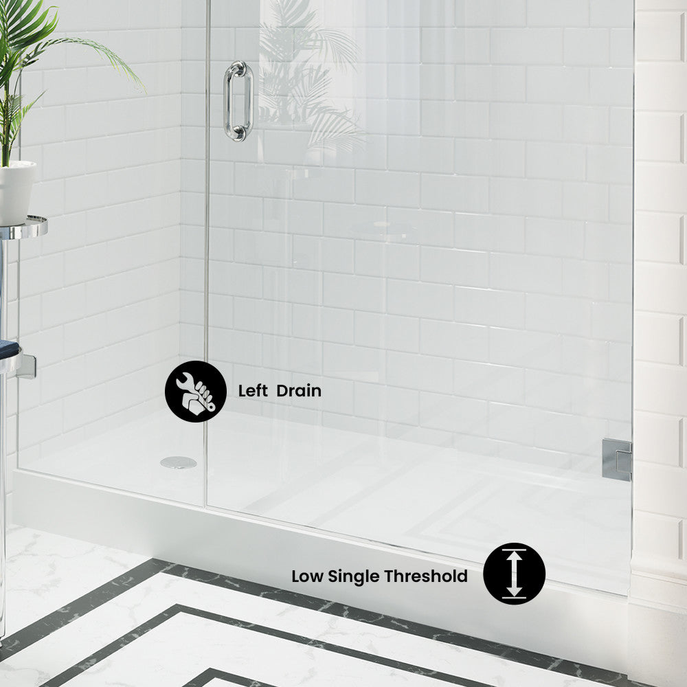 Voltaire 60" x 34" Acrylic White, Single-Threshold, Left Side Drain, Shower Base