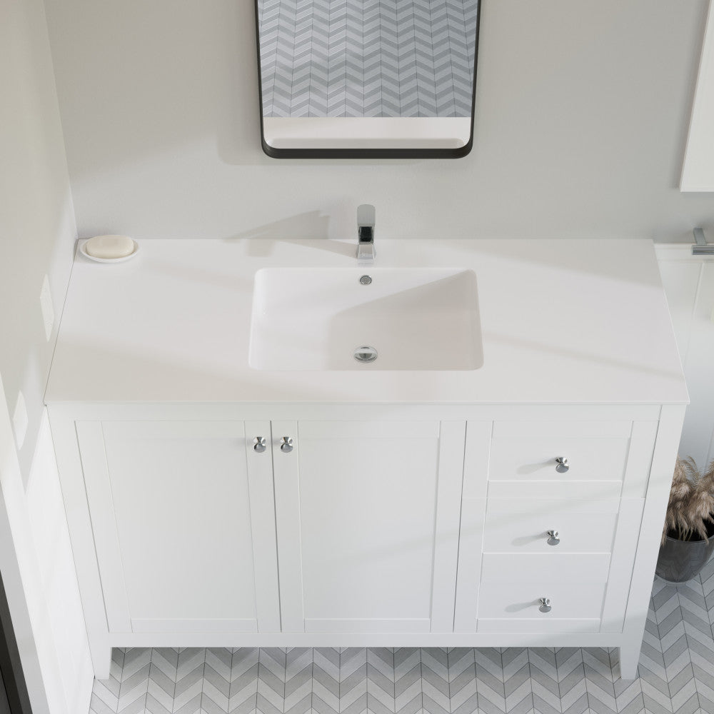 49-inch freestanding white bathroom vanity with single sink and single faucet hole.