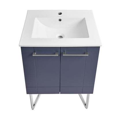 24-inch freestanding purple bathroom vanity with white sink top and two cabinet doors.