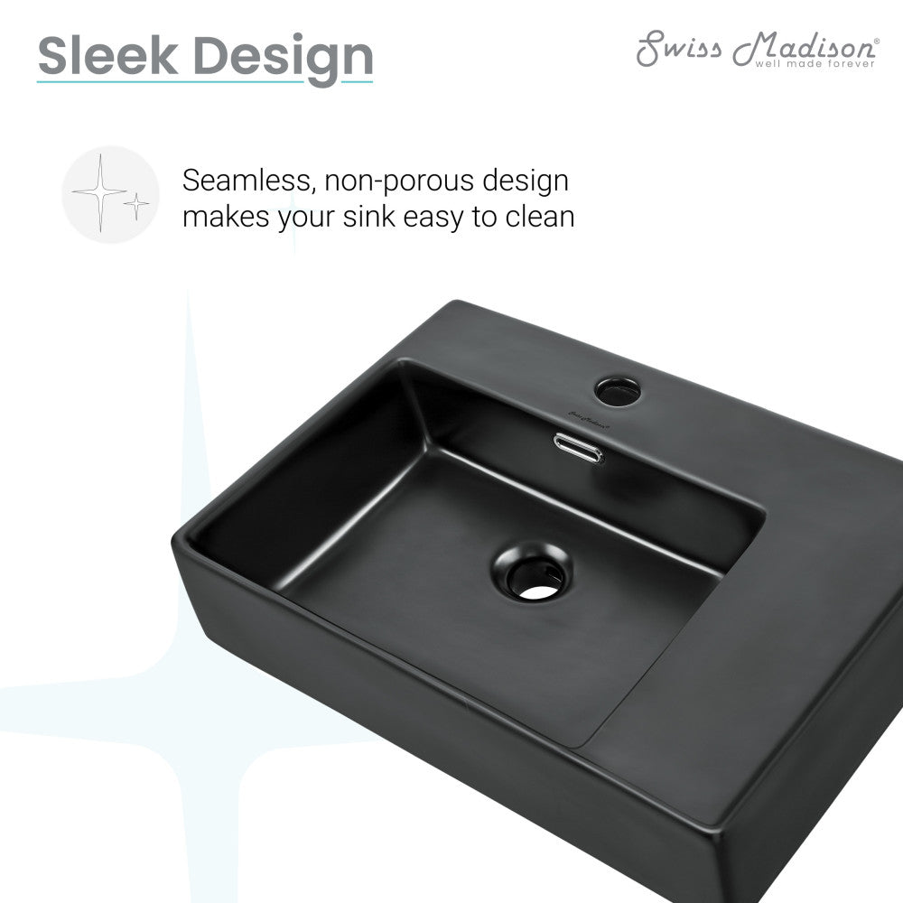 24 x 18 matte black ceramic wall-hung bathroom sink with left side faucet mount.
