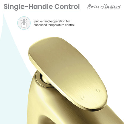 Single-handle high arc bathroom faucet in brushed gold with temperature control.