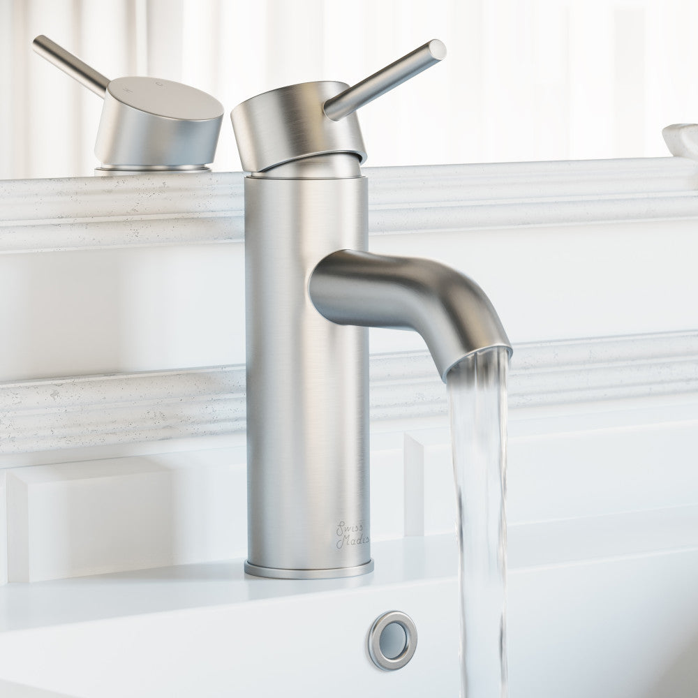 Single-handle bathroom faucet in brushed nickel with rounded spout and lever handle design.