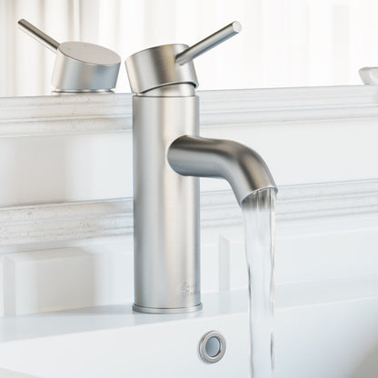 Single-handle bathroom faucet in brushed nickel with rounded spout and lever handle design.