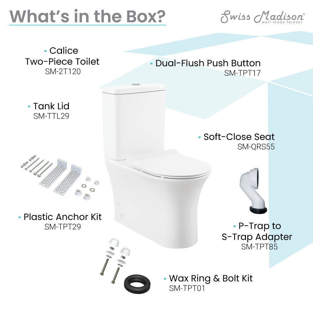 Elongated two-piece toilet with dual-flush, soft-close seat, and rear outlet design in white porcelain.