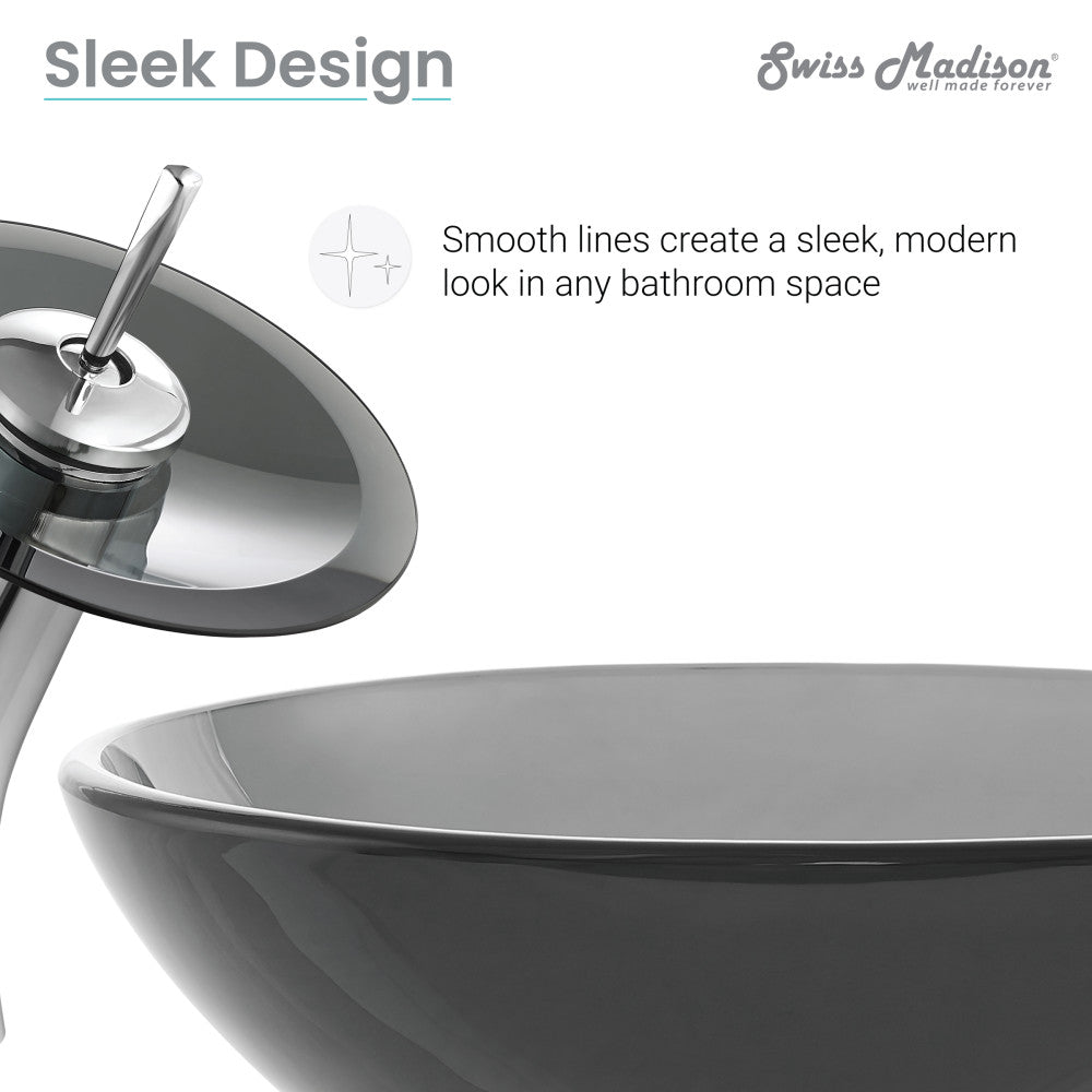 16.5-inch black glass vessel sink with single-handle chrome faucet, modern sleek design.