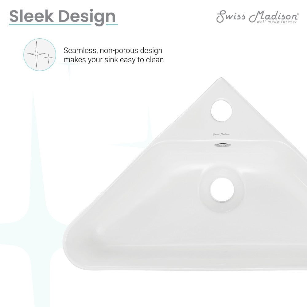 Corner wall-hung bathroom sink in white ceramic with seamless non-porous surface and faucet hole.