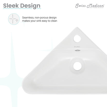 Corner wall-hung bathroom sink in white ceramic with seamless non-porous surface and faucet hole.