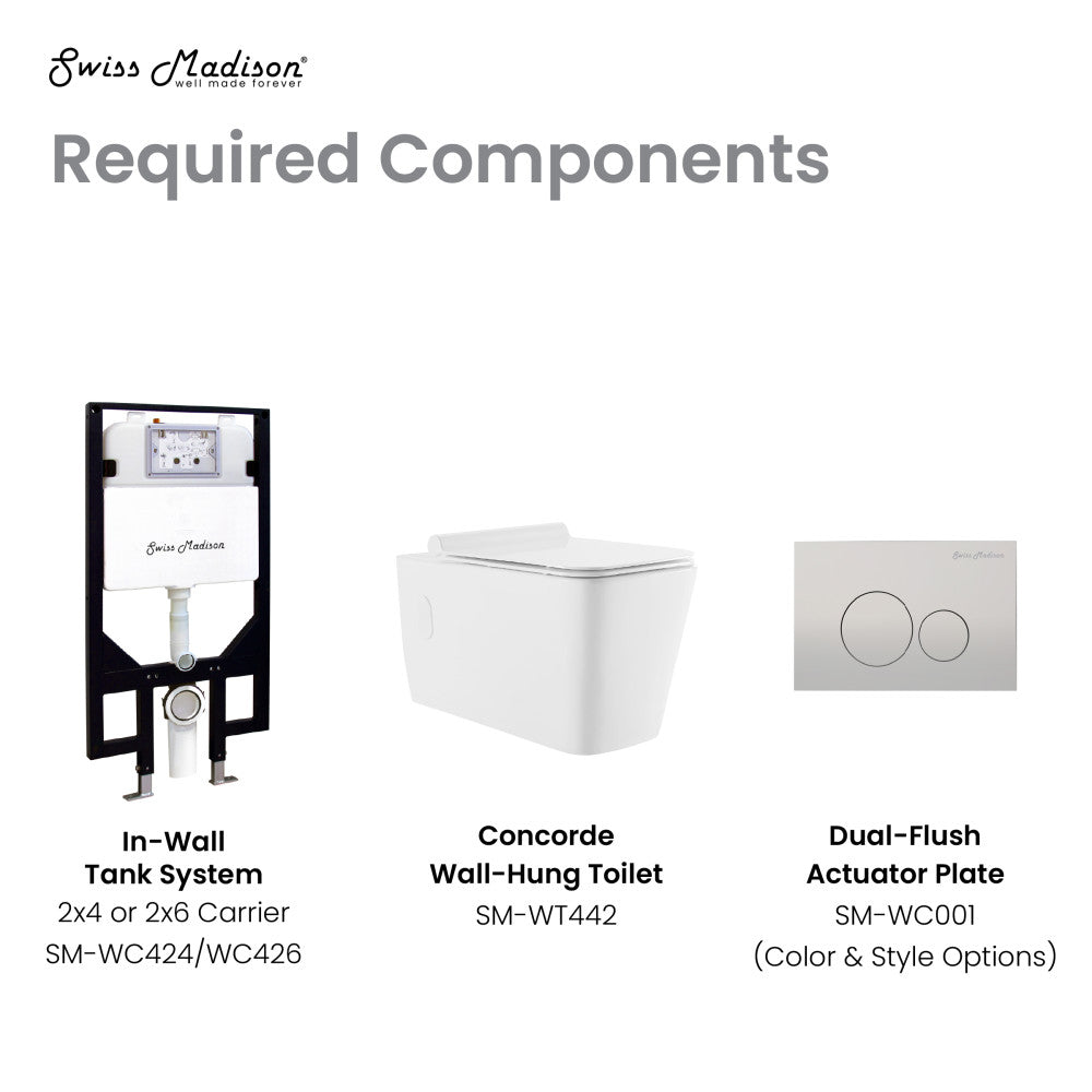 Wall-hung square toilet bowl with dual-flush actuator plate and concealed in-wall tank system.