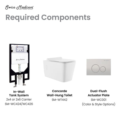Wall-hung square toilet bowl with dual-flush actuator plate and concealed in-wall tank system.