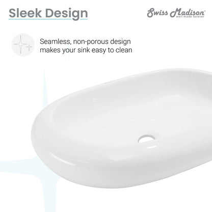 Oval vessel sink in white ceramic, seamless non-porous design, easy to clean.