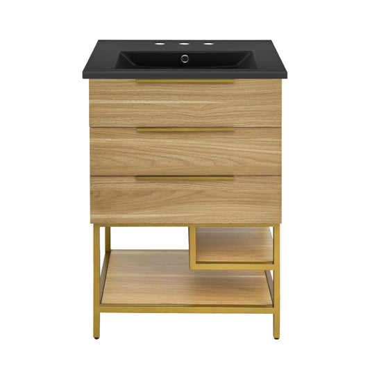 Carre 24 in. Golden Oak Bathroom Vanity with Black, 3-Hole Ceramic Sink Top