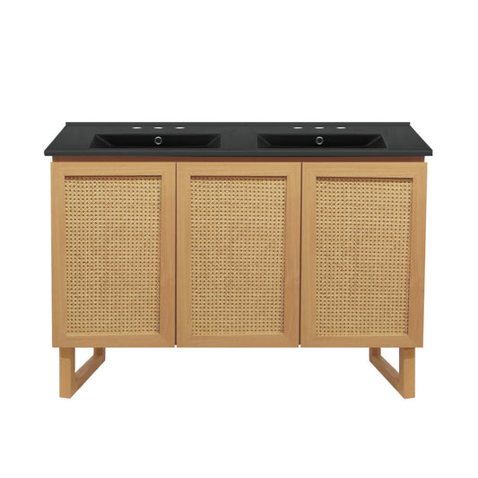 Arles 48 in. Natural Oak, Double Basin Bathroom Vanity With Black, 3-Hole Centerset Ceramic Sink Top