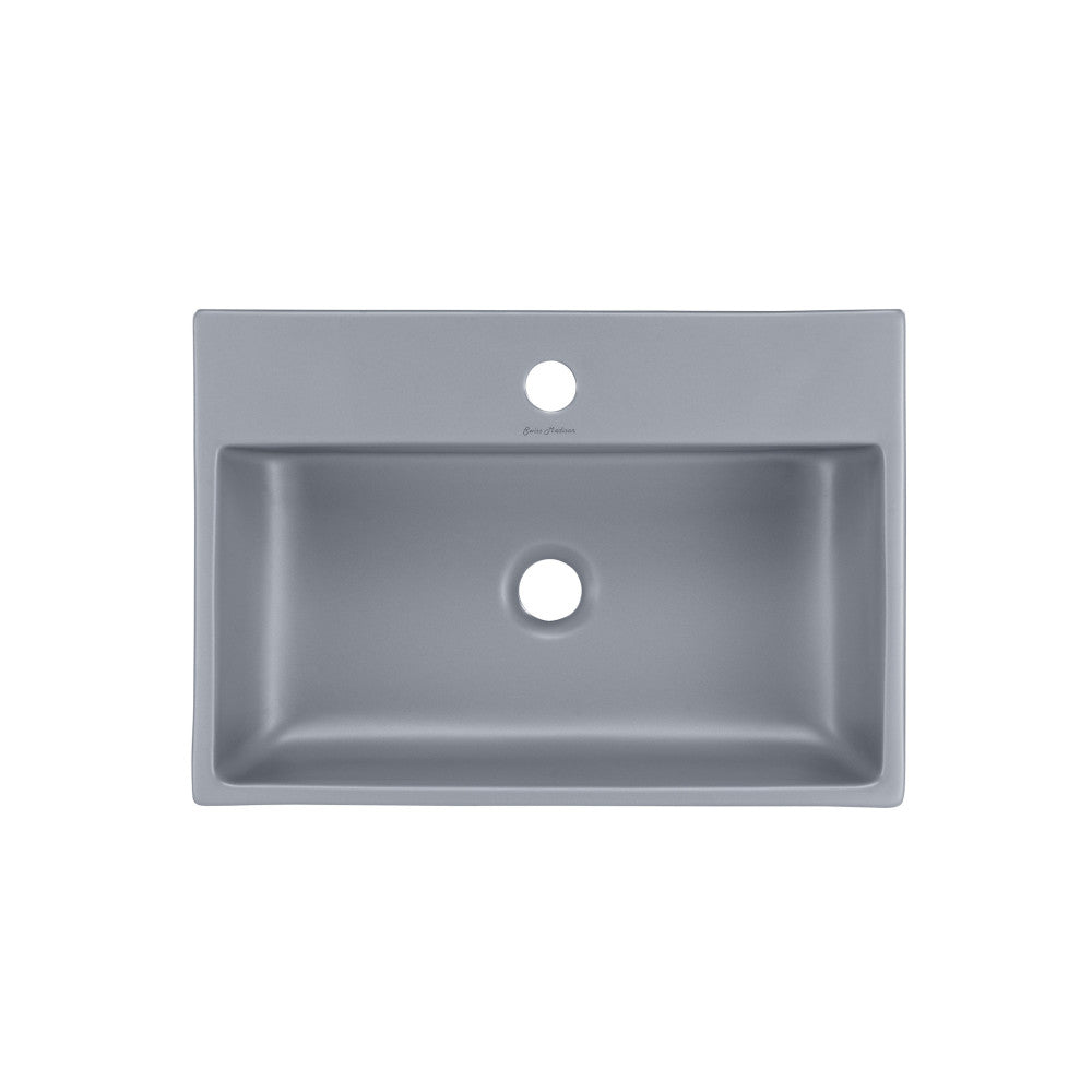 20" rectangular ceramic vessel sink in matte gray with center drain hole.