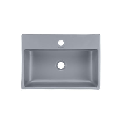 20" rectangular ceramic vessel sink in matte gray with center drain hole.