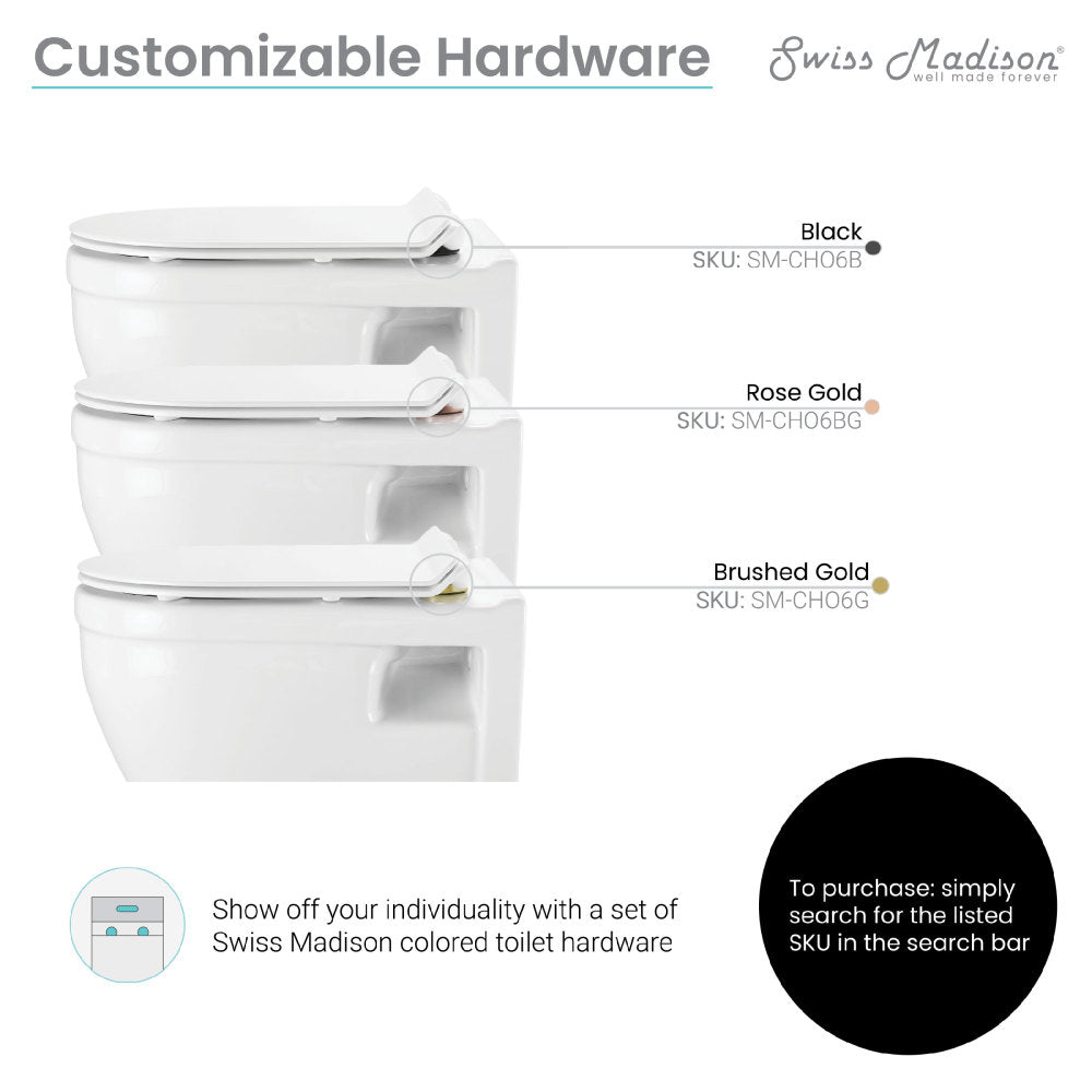 Ivy elongated wall-hung toilet bowl with customizable soft-close seat hardware in black, rose gold, or brushed gold.