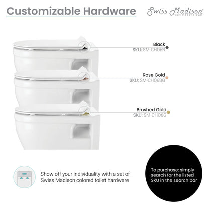 Ivy elongated wall-hung toilet bowl with customizable soft-close seat hardware in black, rose gold, or brushed gold.