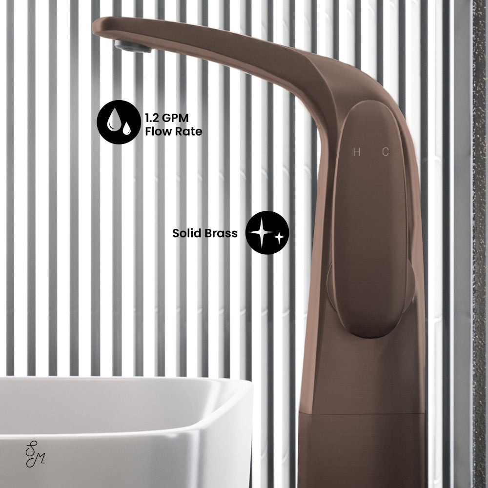 Single-handle high arc bathroom faucet in oil rubbed bronze, solid brass construction, 1.2 GPM flow rate.