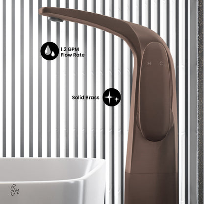 Single-handle high arc bathroom faucet in oil rubbed bronze, solid brass construction, 1.2 GPM flow rate.