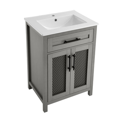 24-inch freestanding carbon gray bathroom vanity with single sink and textured metal mesh doors.