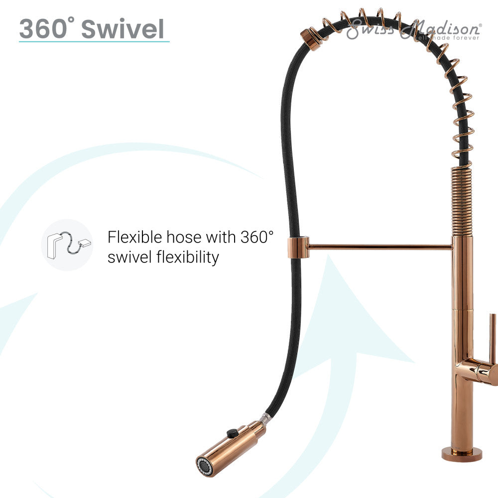 Pull-down kitchen faucet in rose gold, single handle, flexible hose with 360° swivel.