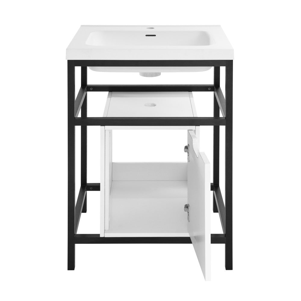 24-inch freestanding bathroom vanity in black with white sink top, single sink, soft-close door open on right side.