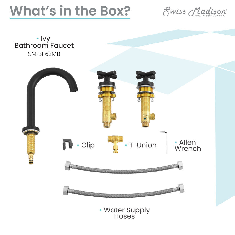 Widespread bathroom faucet in matte black with cross handles and flexible water supply hoses.