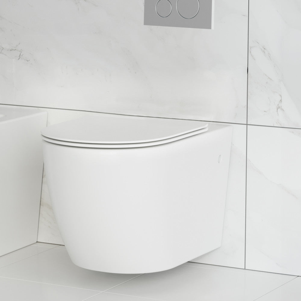 Elongated bowl wall-hung toilet bowl, sleek white ceramic with concealed mounting.