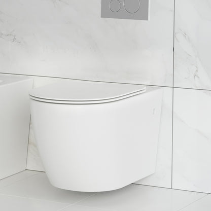 Elongated bowl wall-hung toilet bowl, sleek white ceramic with concealed mounting.