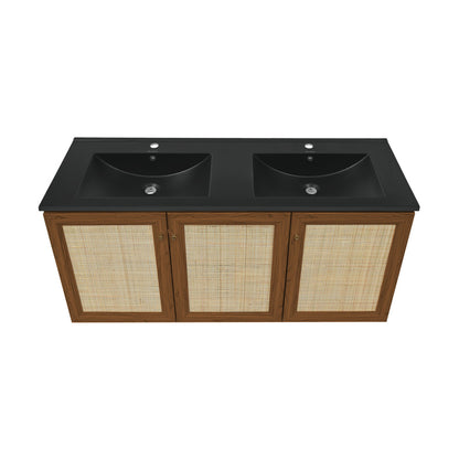 Classe 48" Wall-Mounted Bathroom Vanity in Brown Oak with Black Double Basin Sink Top
