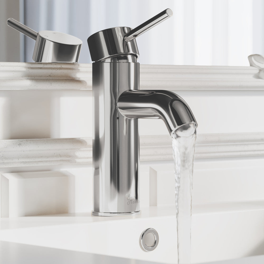 Single-handle bathroom faucet in chrome with curved spout and lever handle, water flowing.