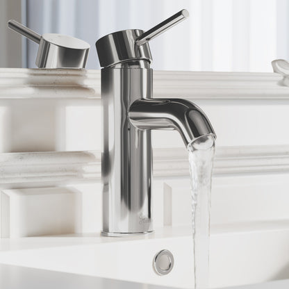 Single-handle bathroom faucet in chrome with curved spout and lever handle, water flowing.