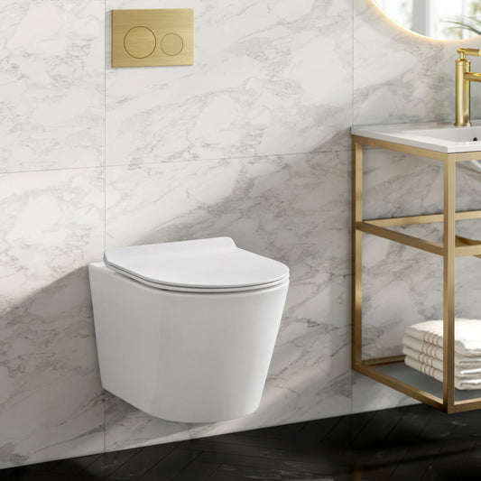 Calice Wall-Hung Toilet Bundle 0.8/1.6 GPF Dual Flush in Glossy White with Brass Flush Plate