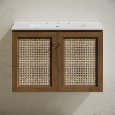 Classe 30" Wall-Mounted Bathroom Vanity in Brown Oak with Widespread Faucet Holes Vanity Top