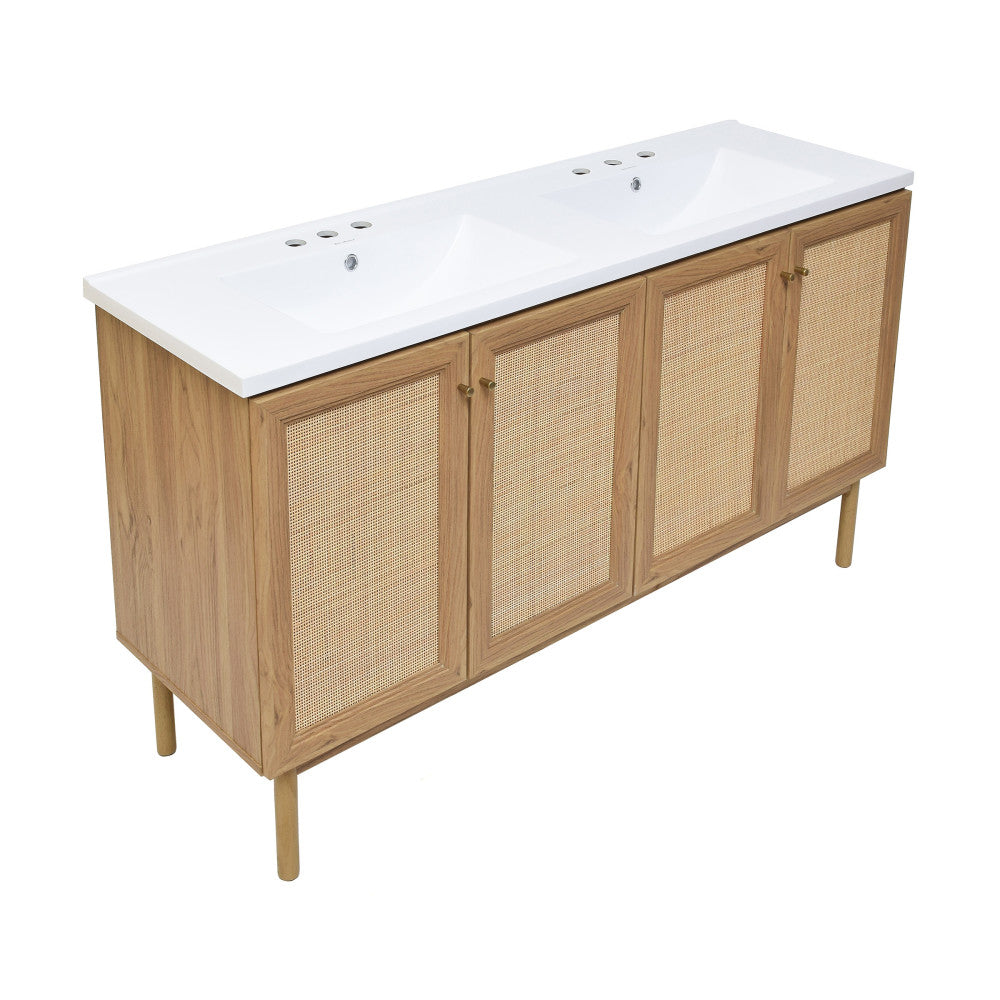 Classe 60" Freestanding Bathroom Vanity in Golden Oak with 3-Hole Widespread Double Basin Sink Top