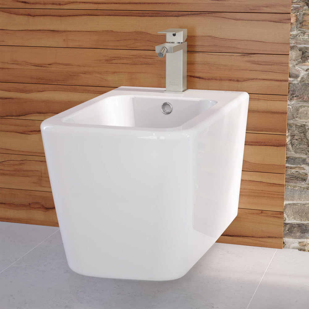 Single-handle bidet faucet in nickel with modern angular design.