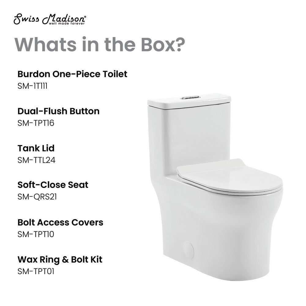 Elongated one-piece toilet with dual-flush button and soft-close seat in white ceramic.